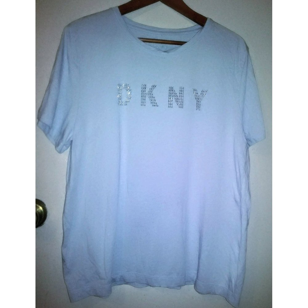 DKNY logo jewel embellished designer blue tshirt M